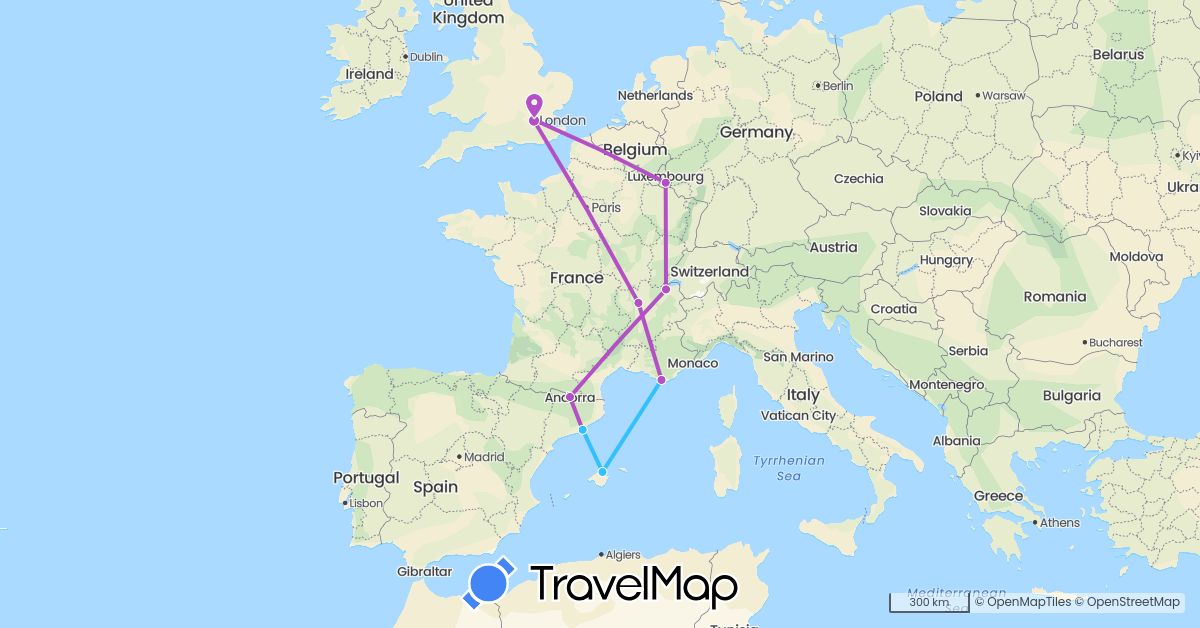 TravelMap itinerary: driving, train, boat in Andorra, Switzerland, Spain, France, United Kingdom, Luxembourg (Europe)